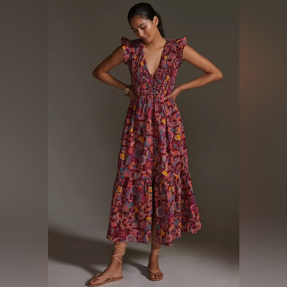 NWOT Anthropologie Peregrine mixed print burgundy smocked maxi dress